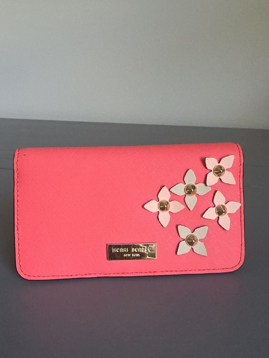 henri bendel Handbags - HENRI BENDEL Bright Coral With Floral Apllique Bifold Wallet